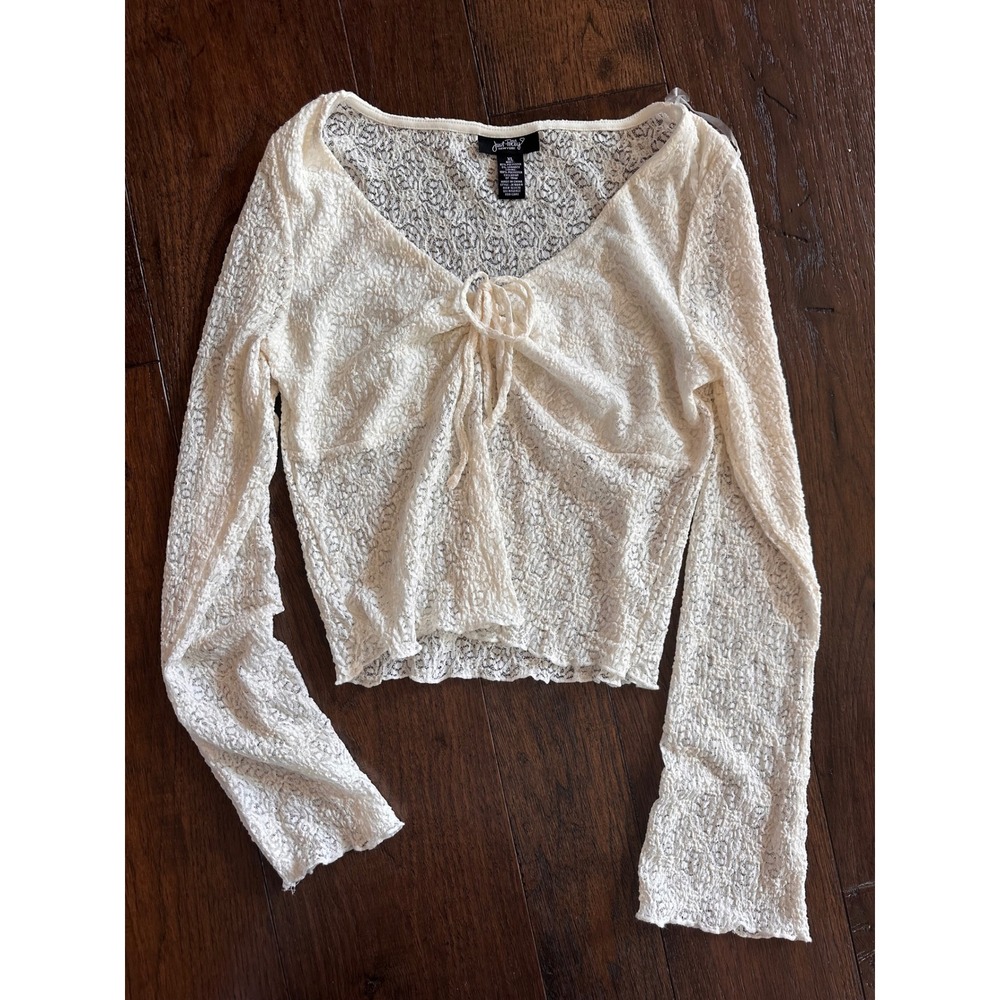 Just Polly New York Ivory Lace Tie Front Long Sleeve Top XL JK18844